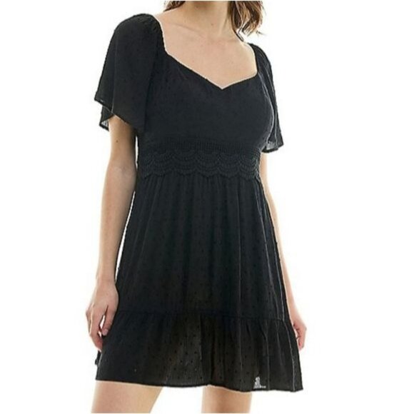 NEW Lily Rose Black Empire Waist Mini Dress, Size M, Flutter Sleeve Skater Dress - Picture 1 of 16
